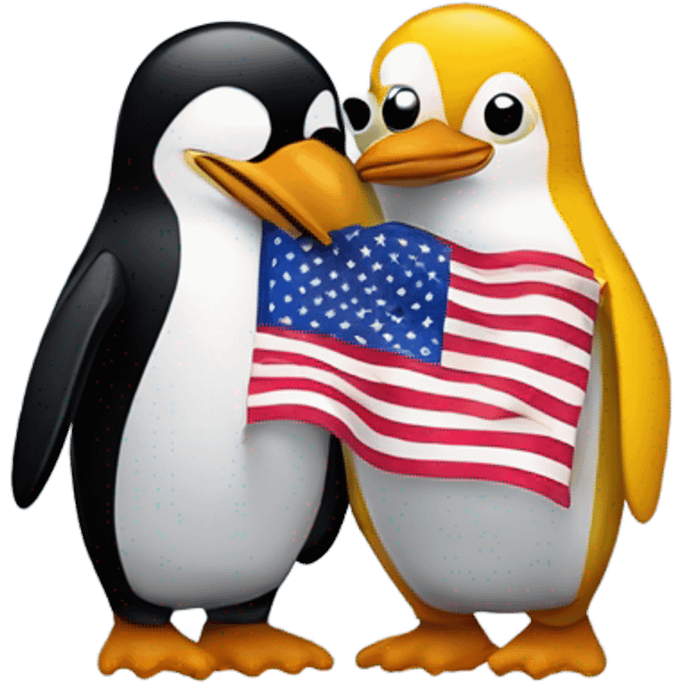 two penguins embracing, one holding the flag of Venezuela and the other holding the flag of the United States  emoji