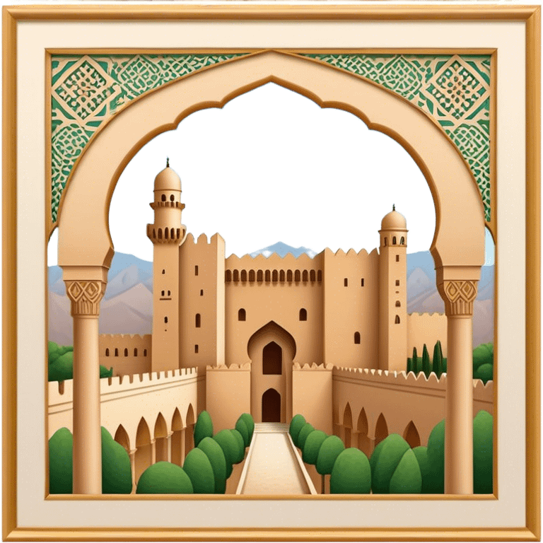 Realistic Alhambra de Granada Landmark Emoji, showcasing the Moorish palace’s intricate arches, geometric patterns, and historic fortress walls. emoji