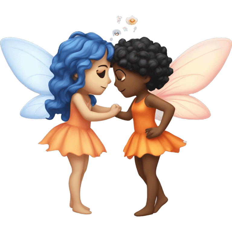 two fairies kissing, one is pale white and has a pink dress and her hair is orange, and other is with curly black hair and a blue dress emoji