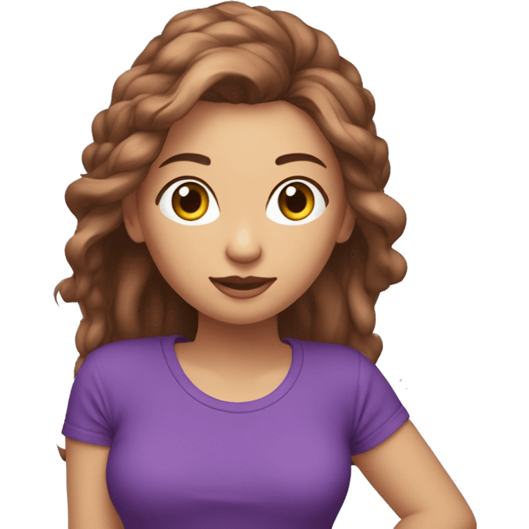 Femme aux cheveux longs châtains avec les yeux verts et marrons avec un t-shirt violet emoji