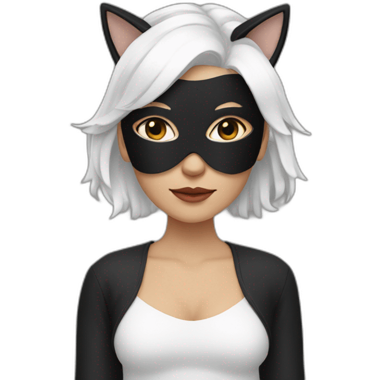 A woman with white hair and cat ears and a black mask around her eyes has white skin  emoji