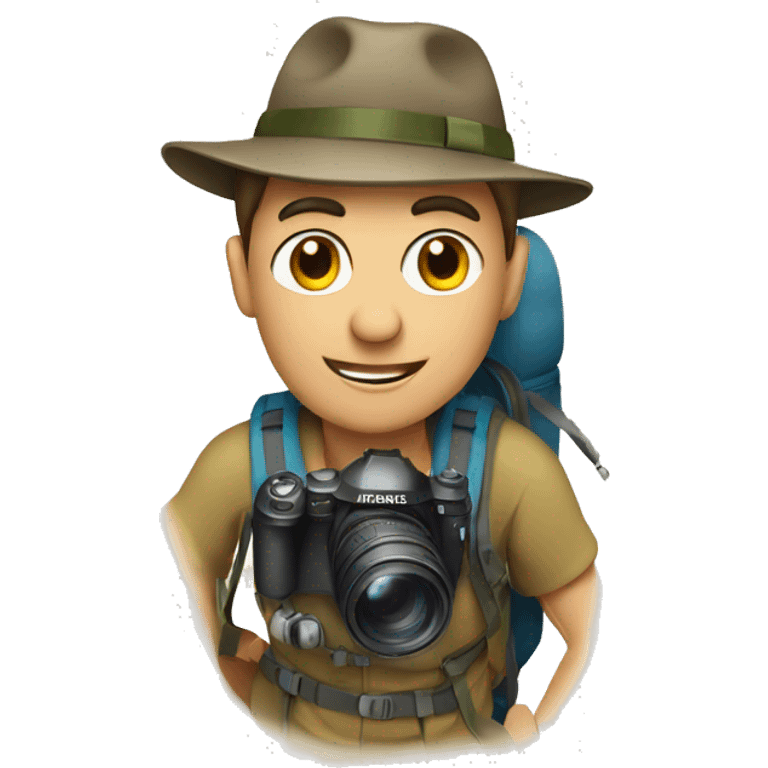 A photographer on top of a mountain, wearing a hat and a trekking bag emoji