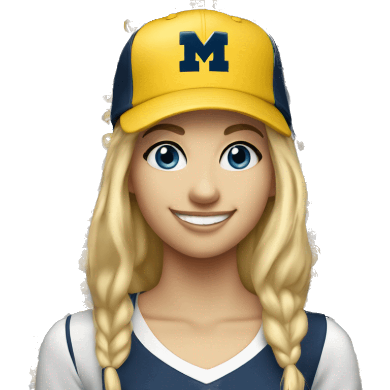 Blonde girl with blue eyes smiling wearing University of Michigan ball cap emoji