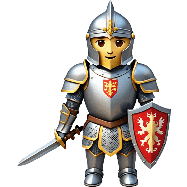 Clash of Clans aesthetic: Cinematic heroic Armored Knight Hero Emoji, rendered in a 3D vector-style similar to standard emojis with minimal shading and bold, simplified shapes. A compact, isometric warrior clad in gleaming plate armor with intricate heraldic details, softly glowing with a chivalrous medieval charm. Simplified yet unmistakably iconic, highly detailed and consistent, glowing with a soft radiant shine and high polish. Stylized with a touch of noble valor and a soft glowing outline, wearing a full face helm so that no face is visible with only eyes visible, capturing the essence of a gallant knight ready for honorable battle with a friendly, playful manner! emoji