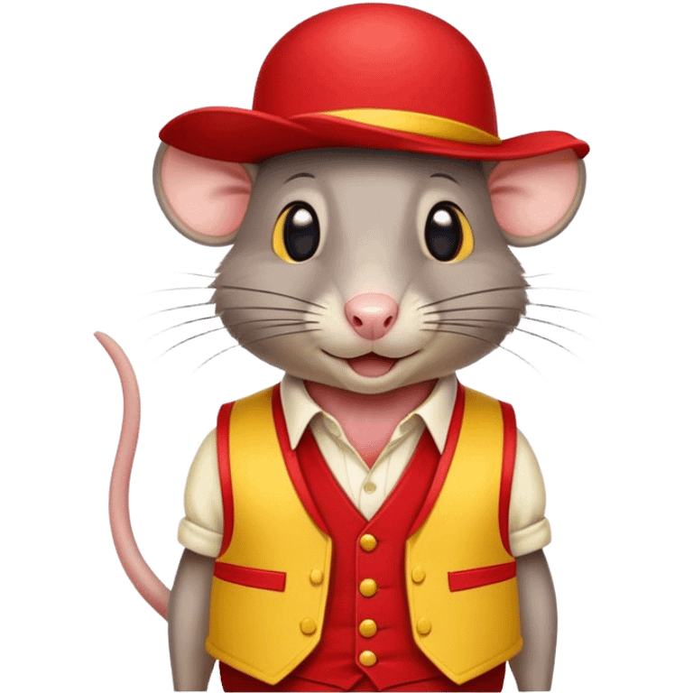 Cartoon rat with red and yellow derby hat with yellow sleeve-less shirt underneath a red vest emoji