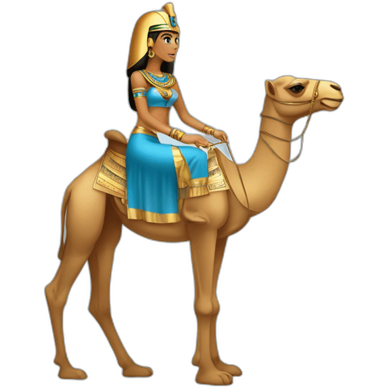 Egyptian female pharaon on a camel,pyramids, tanned skin, golden blue costume emoji