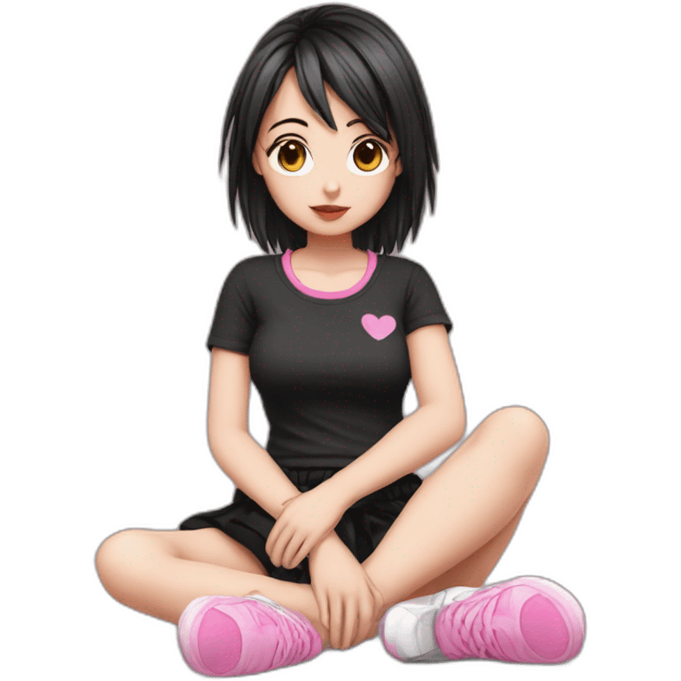 full body Front view emo girl sits on the floor black skirt pink knickers emoji