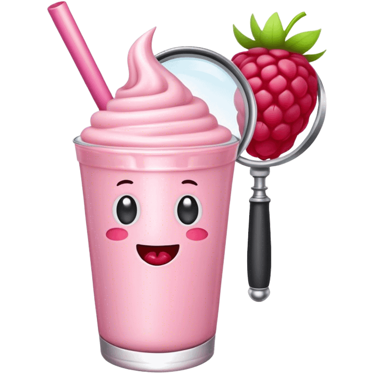 A raspberry milkshake holds a magnifier emoji