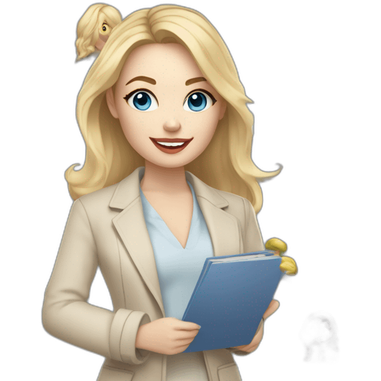 pale skin woman interior designer with cold blonde middle length hair, blue eyes, beige blouse, White oversize jacket, Gray skirt holding a color palette in the hands emoji