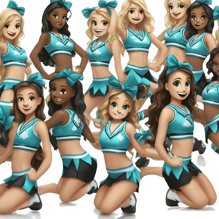 cheerleaders doing a pyramid with white blue black uniforms and turquoise bows emoji