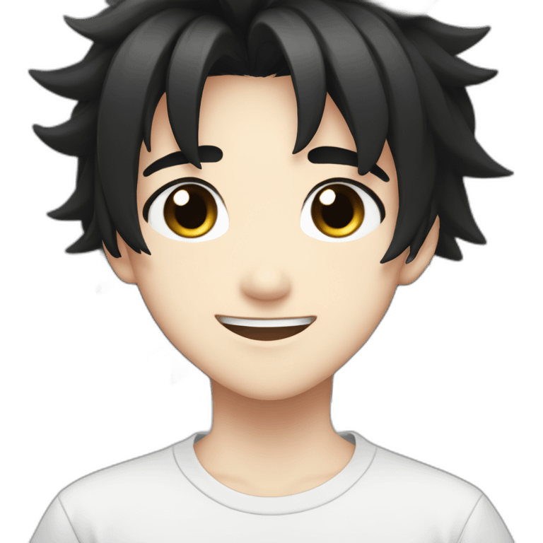 anime boy cartoon smiling with black hair, black and white t shirt, and black eyes emoji