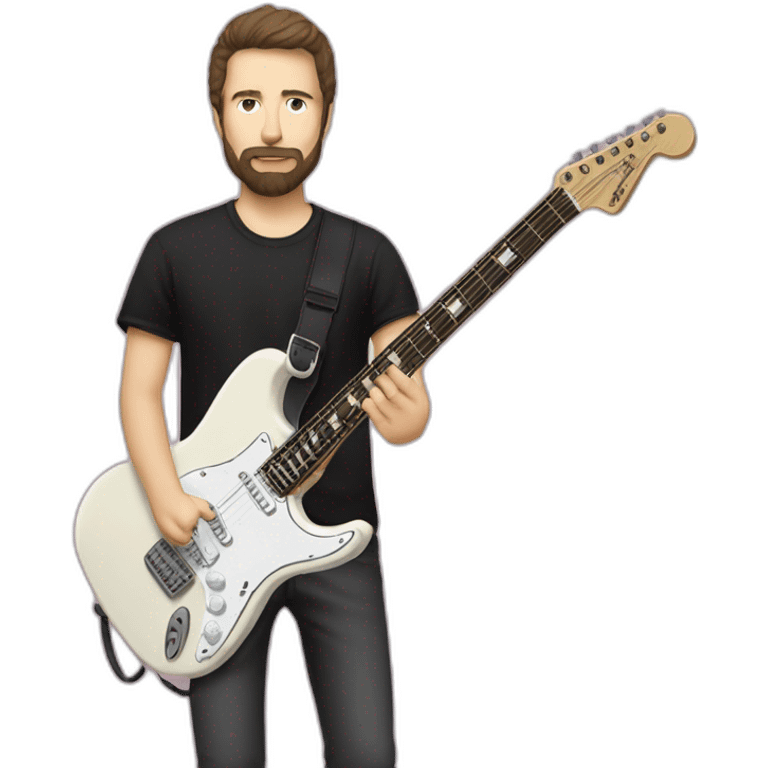 white man with dark beard and black t shirt and pastel pink stratocaster electric guitar without pickguard emoji