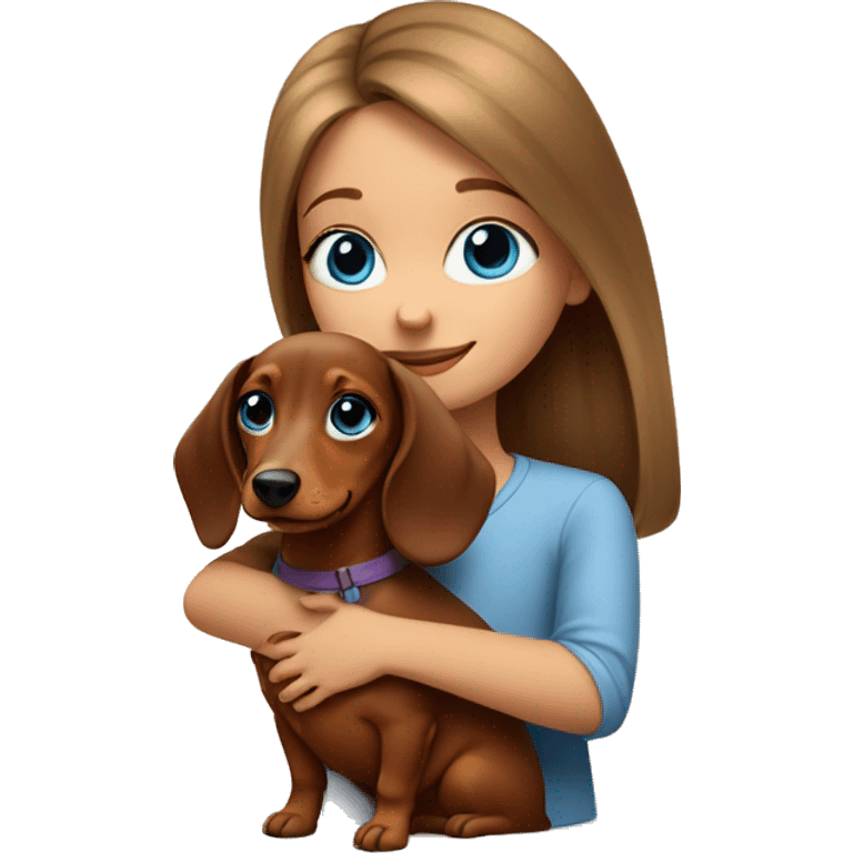 A girl with blue eyes hugs a dachshund puppy emoji