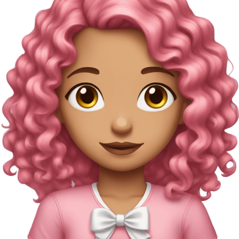 Girl face with cute pinkish makeup and pretty pink hair ribbon and long curly brown hair emoji