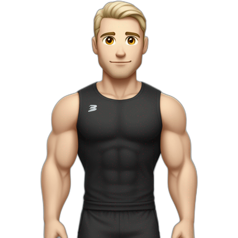 Pale skinned Fit Man With the biceps and dark brown hair in black shirt, gray sports shorts and white Sneakers Scales of the back of the head emoji