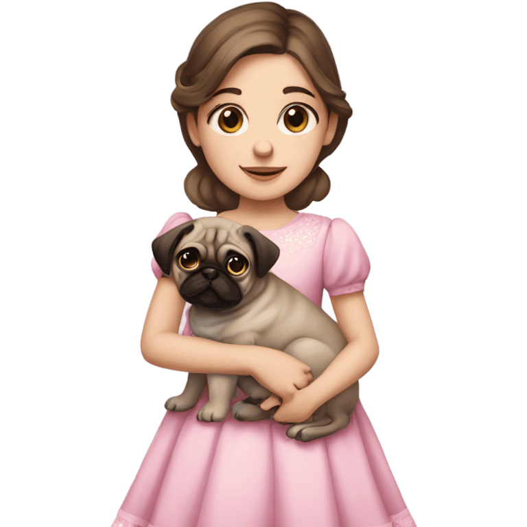 Brown hair blue eyes girl with pug puppy with pink dress emoji