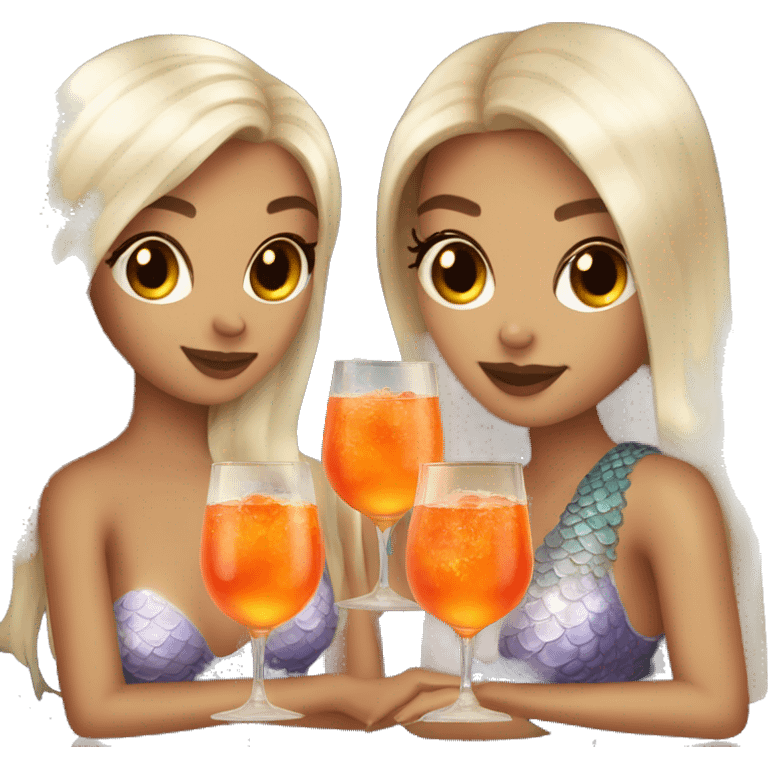 Three beautiful mermaids (light skin) drinking aperol emoji