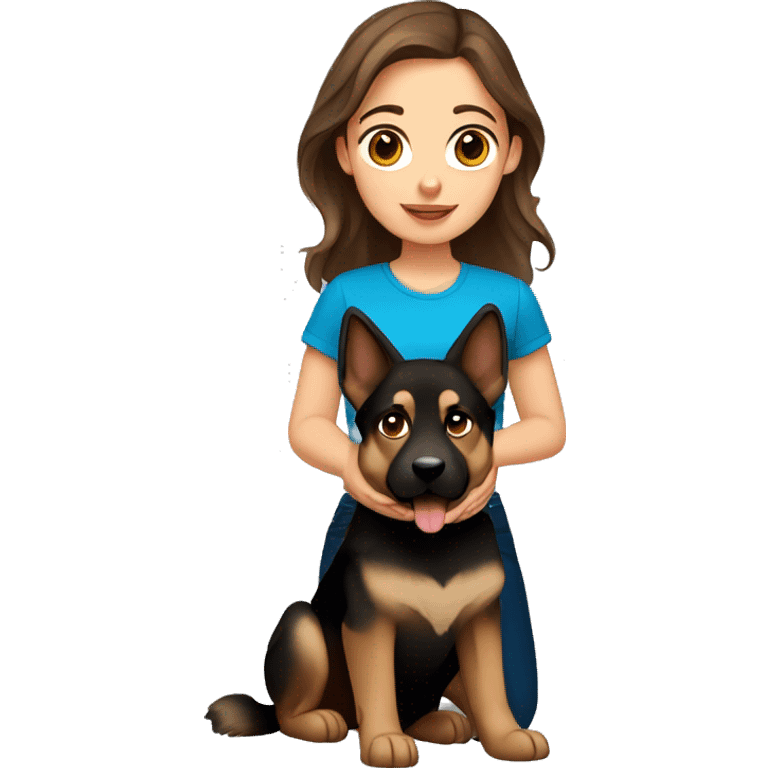 Brown hair girl with blue eyes holding German shepherd dog emoji