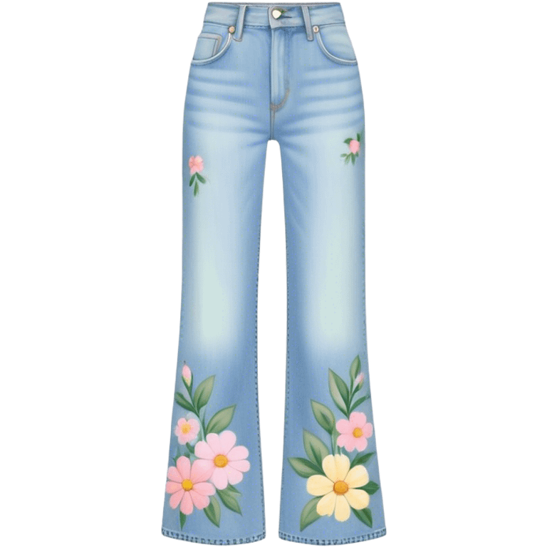 light wash denim wide leg jeans with pastel flowers painted on them emoji