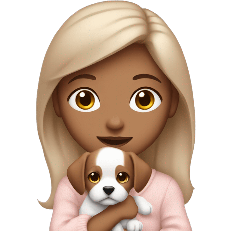 girl with brown hair and brown eyes wearing a light pink sweater and holding a white puppy emoji