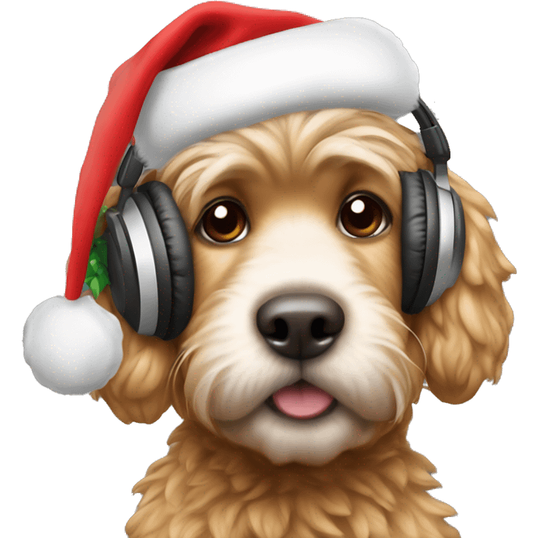 A cocka poo wearing head phones and a Christmas hat  emoji