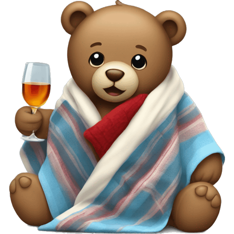 a Christmas teddy happy bear wrapped in a blanket drinks wine emoji