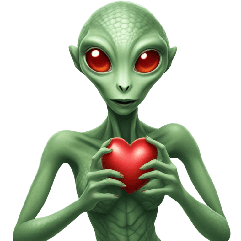 a Reptilian alien woman full body, holding big red heart emoji