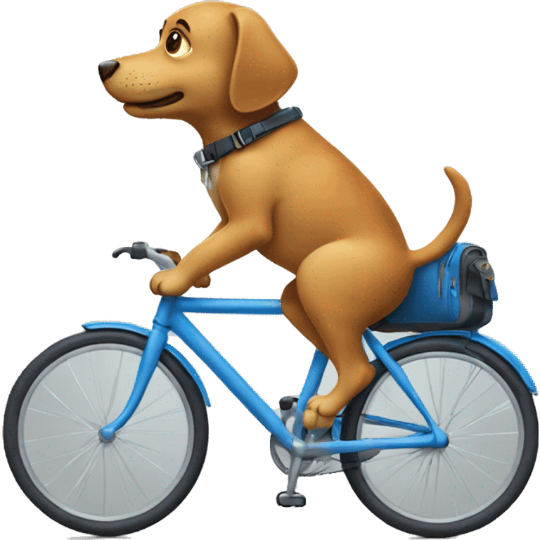 A dog is riding a bicycle and wearing a backpack. emoji