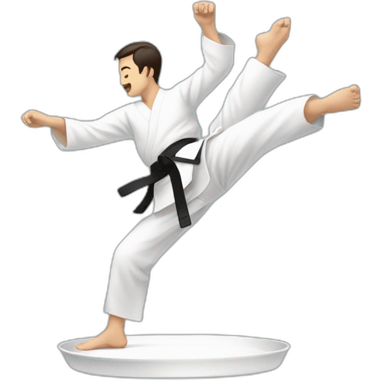 A man doing taekwondo, kicking, and on his foot there is a plate emoji