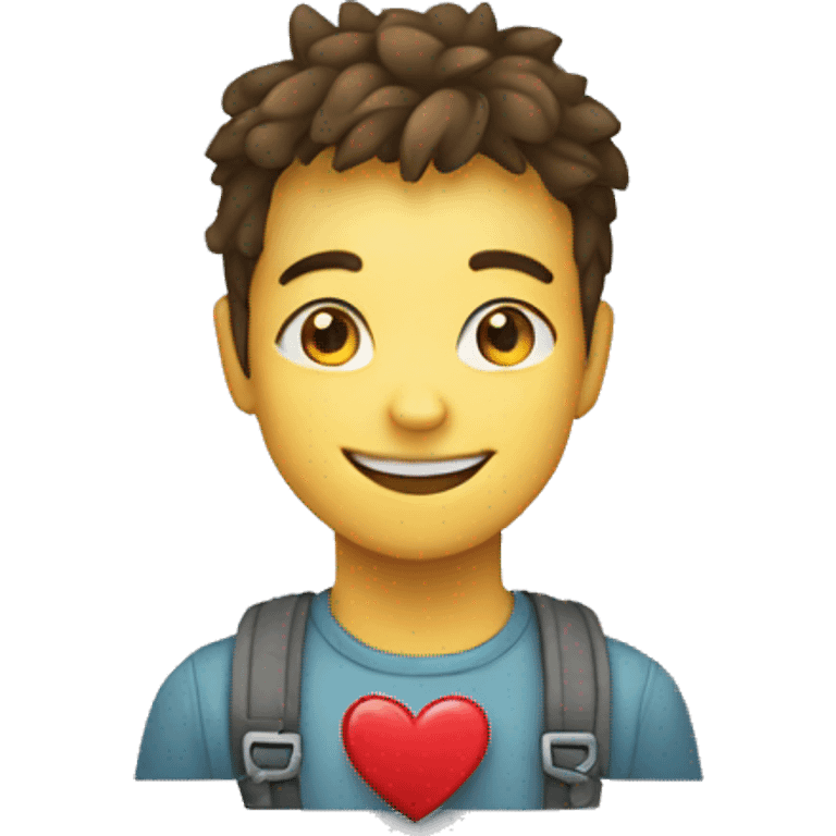 A smiling teenager holds a heart that is made up of small squares emoji