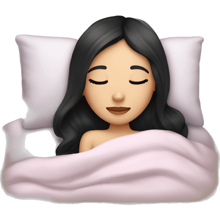 caucasian girl with black straight hair sleeping cozy in bed emoji