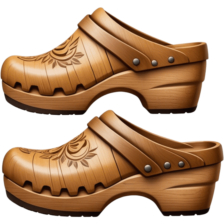 Cinematic Realistic Wooden Clogs Emoji, depicted as a pair of traditionally carved weathered wooden clogs with intricate details and rustic charm, rendered with rich textures and warm natural lighting that captures their cultural heritage. emoji