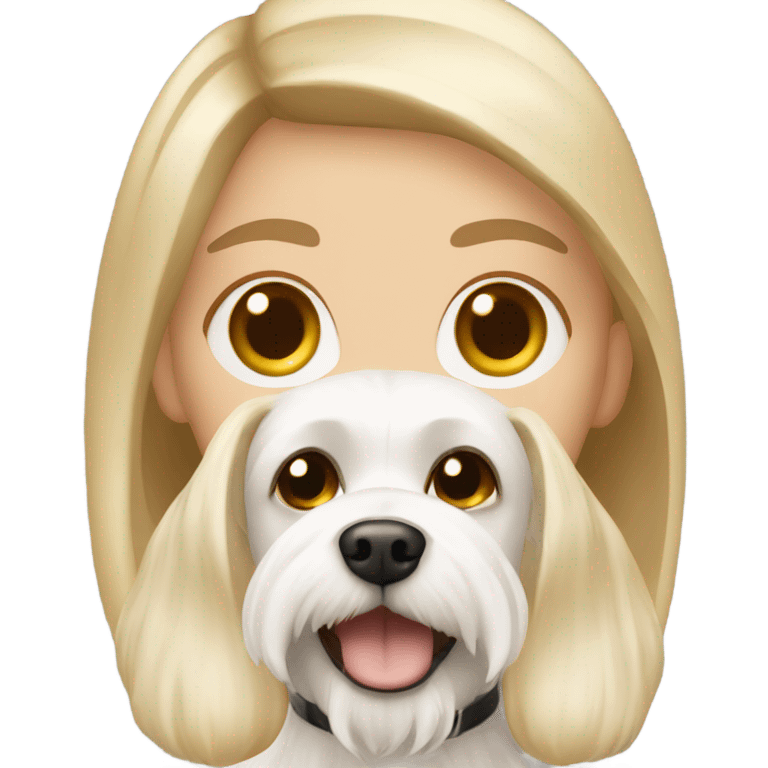 Caucasian Blonde girl with brown eyes and a Maltese dog  emoji