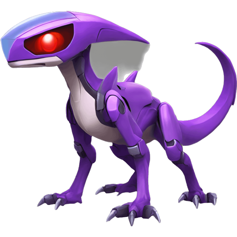 a purple-green-red Genesect-Raptor-Fakémon—hybrid with a futuristic visor-helmet full body emoji