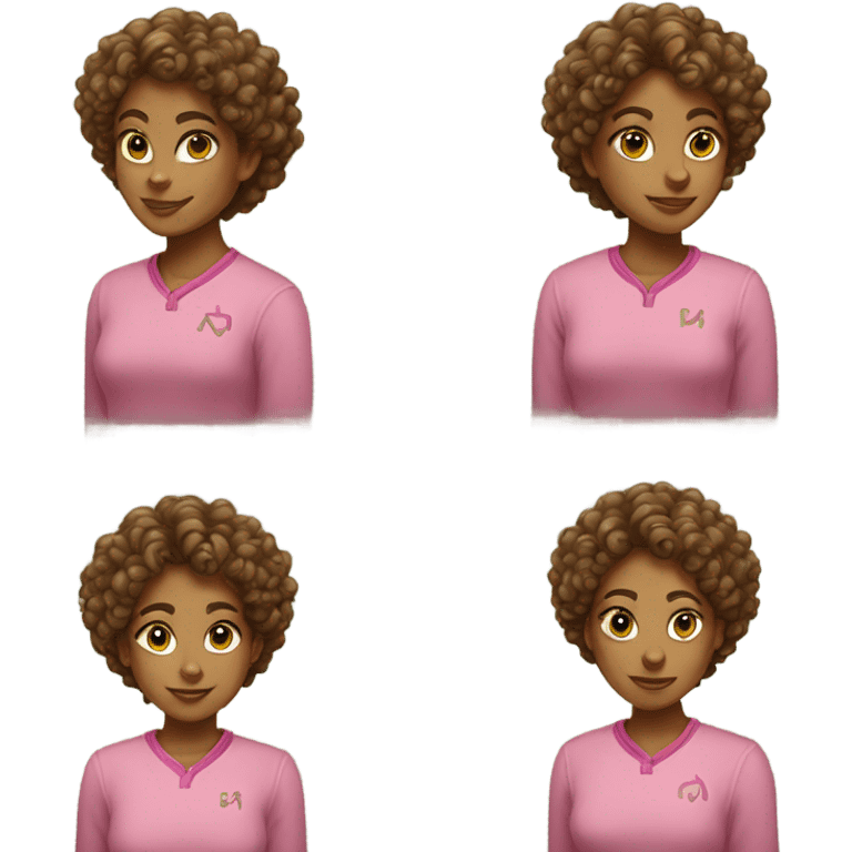 Light brown girl with curly hair wearing a pink shirt with green “AKA” letters emoji