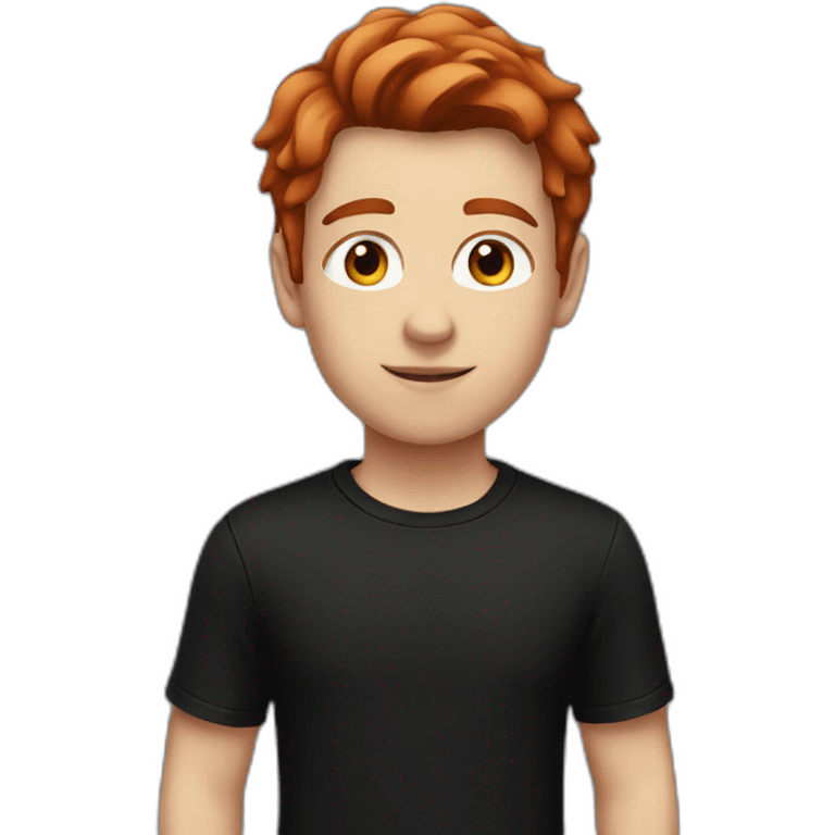 A white teenager with big brown eyes and middle-parted red hair, wearing a black T-shirt. emoji