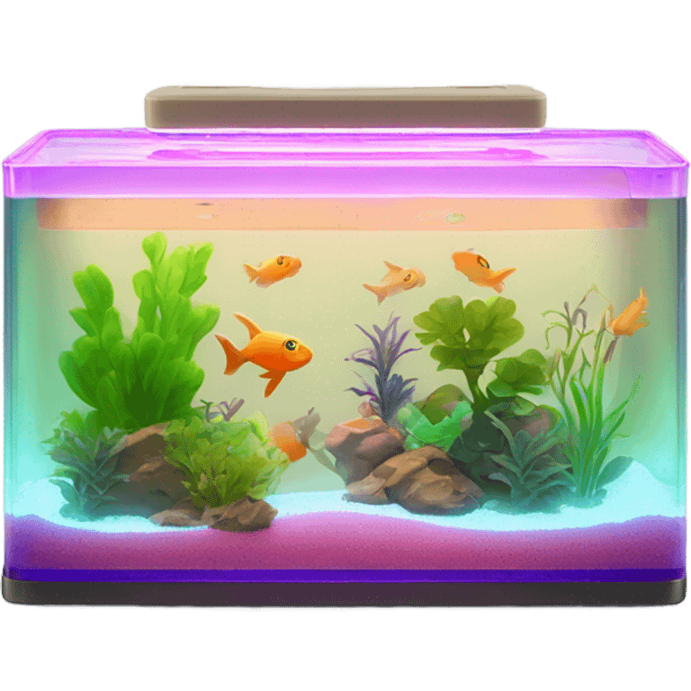 Rectangular fish tank, beige lid and wedgesk with plants inside  and glow tetra fish in neon colors  emoji