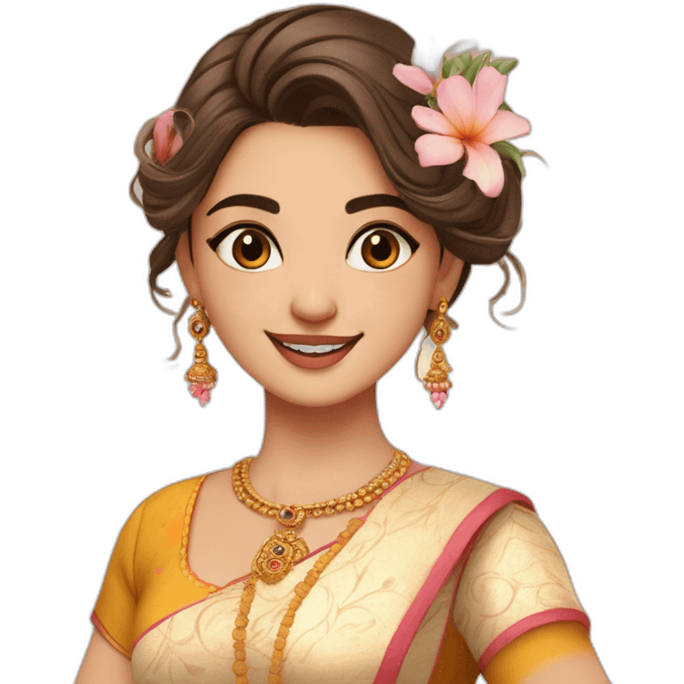 a most beautiful whit girl with a small bindi and cute hairstyle wearing a blur anarkali kurti and a beautfiul smile with flowers emoji