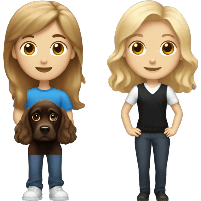 brown hair women and blond hair boy both holding a black cocker spaniel emoji