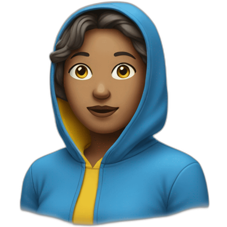 Face of Woman in blue and yellow hoodie emoji