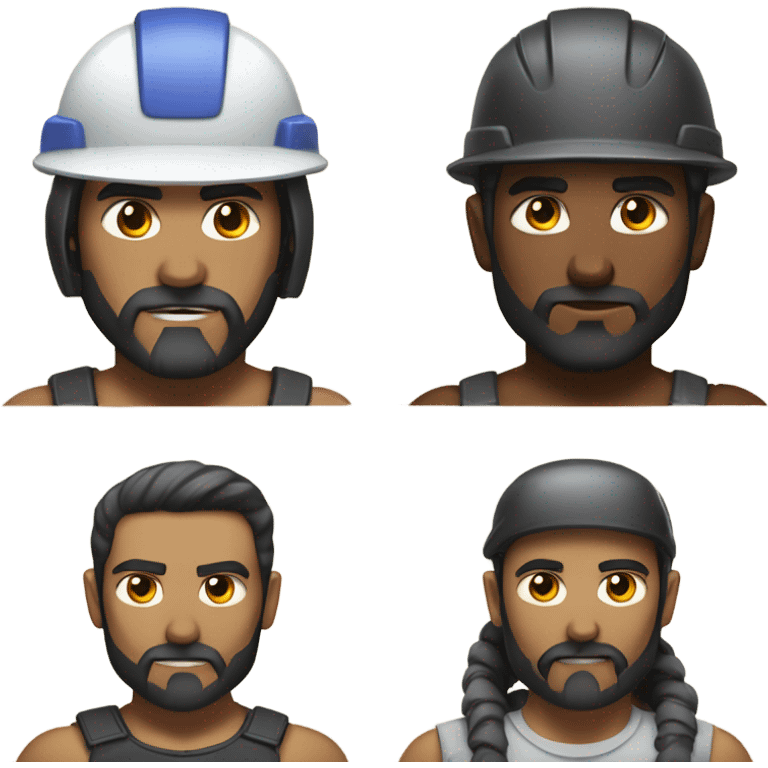 muscular half cyborg face half human with short straight, dark hair, hardhat, and a neatly trimmed beard emoji