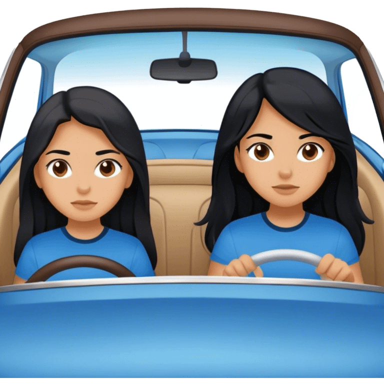 On highway Two girls both with black long hair brown eyes different one with a blue shirt one with a black shirt in a white car driving to a destination emoji