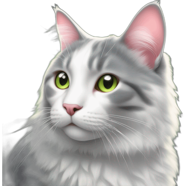 cat fluffy-dark-grey-cat pink-nose light-green-eyes,-white-long-whiskers,-white-spots-near-the-nose emoji