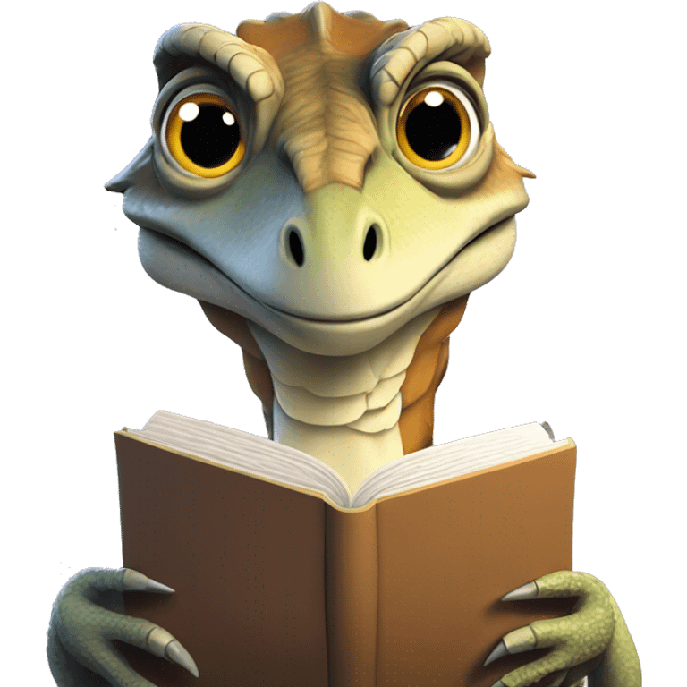 velociraptor reading a book, very cute, simplistic design, logo emoji