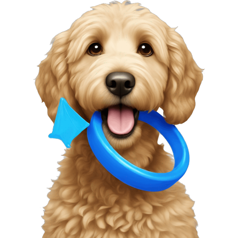 blonde golden doodle with blue frisbee in his mouth emoji