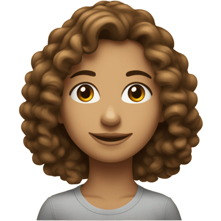 femme avec des cheveux bouclés, bruns et volumineux, légèrement tirés vers l'arrière. Le visage a une expression douce et tranquille, avec des yeux sombres et un léger sourire. emoji