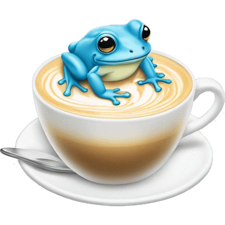 hand drawn baby blue frog sipping a latte with with latte art emoji