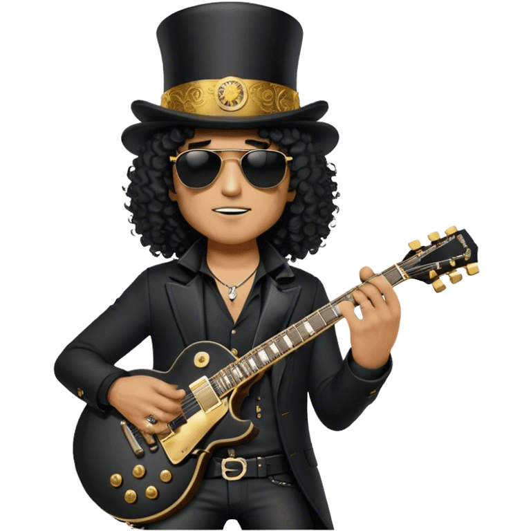 Create a legendary and iconic emoji representing Slash wearing his top hat and holding his Gibson Les Paul guitar. The design should emphasize Slash's distinctive silhouette, with his wild curly hair, sunglasses, and signature black top hat. He should be depicted holding the famous Gibson Les Paul guitar, known for its smooth curves and powerful sound. Use a dark color palette with deep blacks, gold accents, and subtle details like the guitar’s iconic pickups and knobs. The background should be transparent to highlight Slash’s rockstar persona emoji