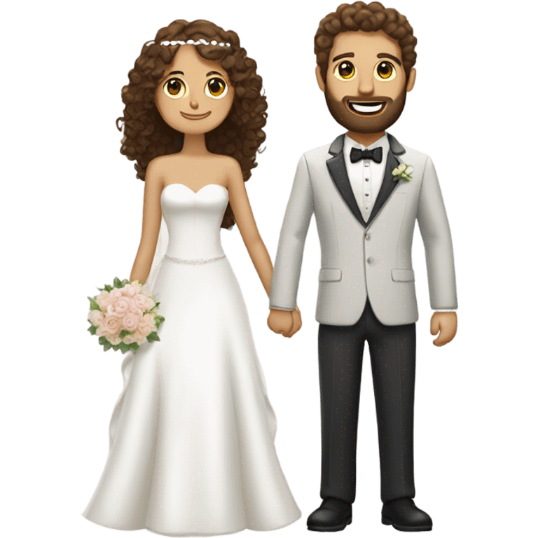 Bride with medium brown curly hair and a groom with dark brown short hair and long beard  emoji