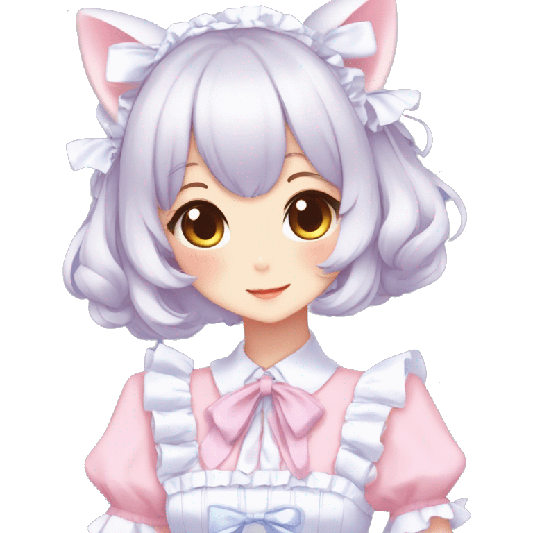 Gorgeous anime style catgirl blushing face maid outfit Lolita idol model colorful shiny sparkle kawaii pastelcore cottagecore pearly petite simplistic aesthetic trending style emoji